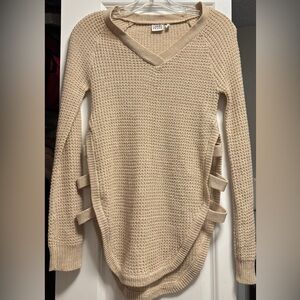 Cabin Fever Cozy V-Neck Cream Knit Sweater with Side Strap Accents